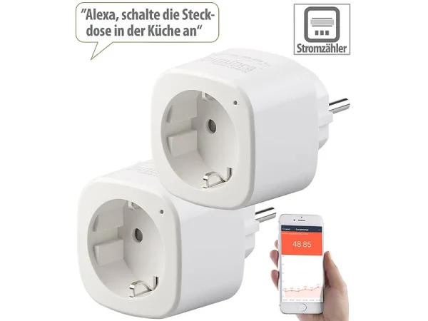 Luminea Home Control Energiemessgerät WLAN:2er-Set WLAN-Steckdosen, Amazon Alexa & Google Assistant Komp., 16 A 4