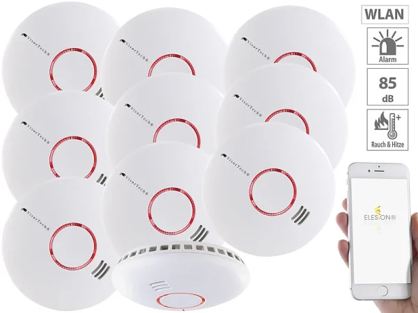 VisorTech WLAN Rauchmelder:10er-Set WLAN-Rauch- & Hitzemelder Mit Weltweiter App-Benachrichtigung 1