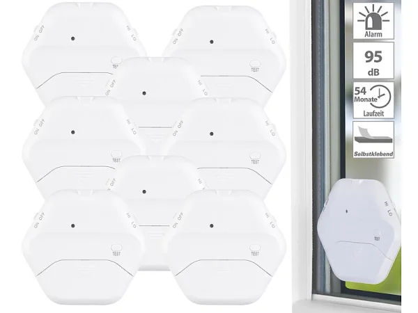 VisorTech Glasbruchsensor:8er-Set Extradünne Glasbruchmelder, 2 Stufen, 95 DB, 54 Monate 1