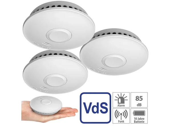 VisorTech Feuermelder Funk:3er-Set Vernetzbare Funk-Rauchmelder, 85 DB, VdS, 10-J.-Batterie 1