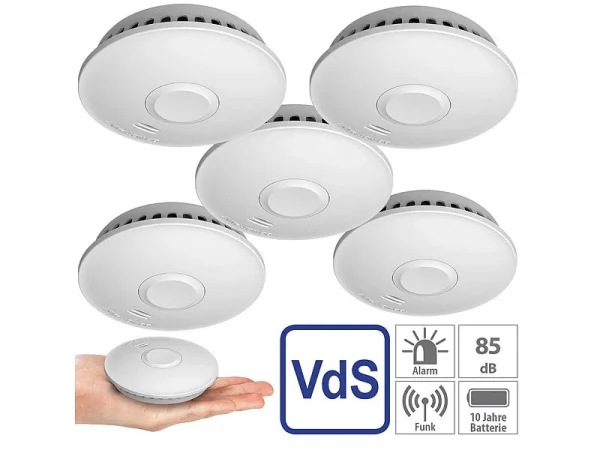 VisorTech Rauchmelder Brandschutz:5er-Set Vernetzbare Funk-Rauchmelder, 85 DB, VdS, 10-J.-Batterie 1