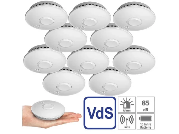 VisorTech Vernetzte Rauchmelder:10er-Set Vernetzbare Funk-Rauchmelder, 85 DB, VdS, 10-J.-Batterie 1
