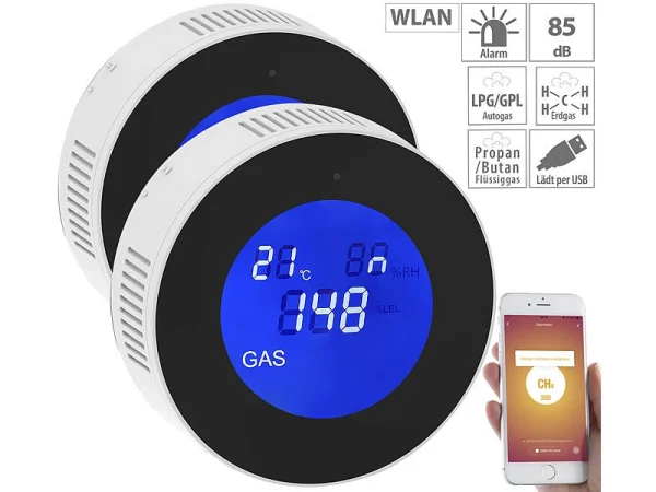 VisorTech Erdgasmelder:2er-Set WLAN-Multi-Gasmelder, Mit App & Sprachansage 1