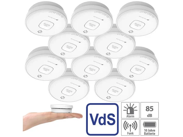 VisorTech Rauchmelder:10er-Set Fotoelektrische Rauchwarnmelder, 10-J.-Batterie, 85 DB, VdS 1