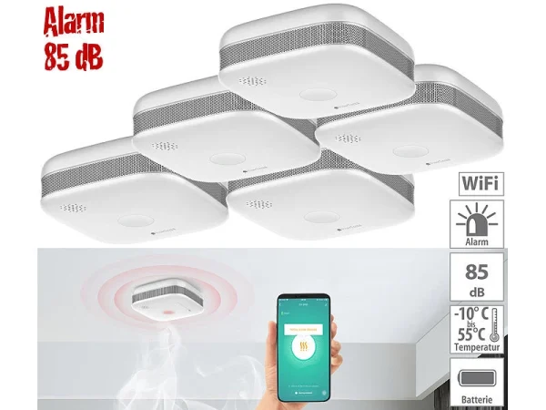 VisorTech Rauchwarnmelder:5er-Set WLAN-Design-Rauchmelder Mit Weltweiter App-Benachrichtigung 1