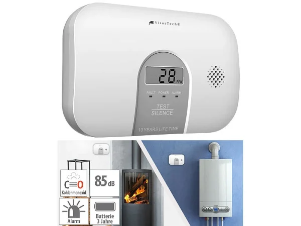 VisorTech CO Messgerät:Kohlenmonoxid-Melder, 10-Jahres-Sensor, Display, 85 DB, EN 50291 1