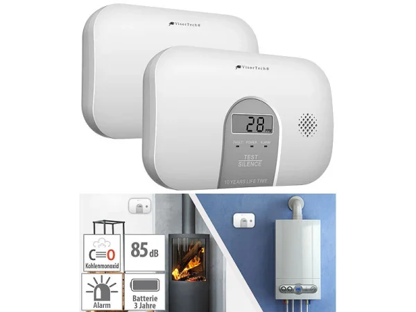 VisorTech CO-Kohlenmonoxid-Melder:2er-Set Kohlenmonoxid-Melder, 10-Jahres-Sensor, 85 DB, EN 50291 1