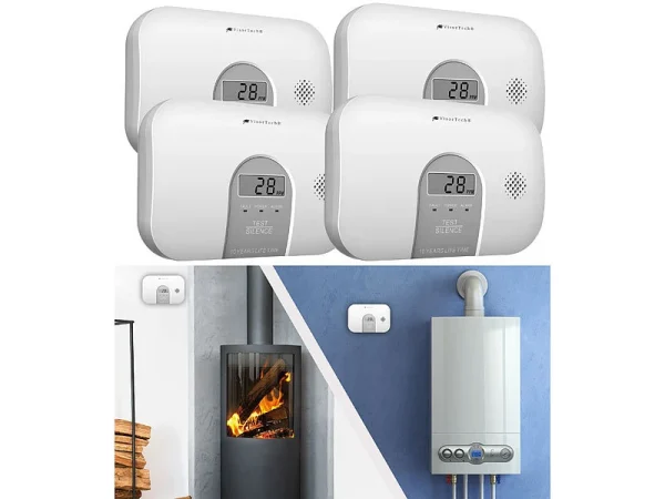 VisorTech Kohlenmonoxid Messgerät:4er-Set Kohlenmonoxid-Melder, 10-Jahres-Sensor, 85 DB, EN 50291 3