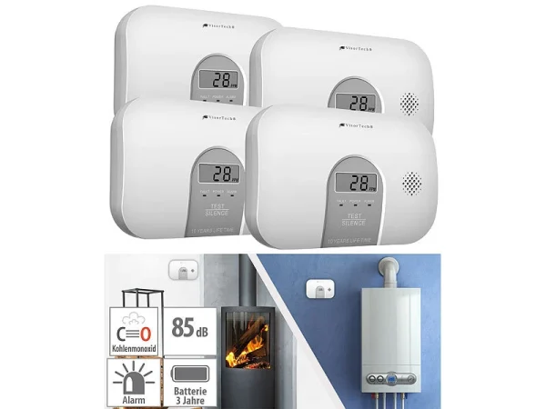 VisorTech Kohlenmonoxid Messgerät:4er-Set Kohlenmonoxid-Melder, 10-Jahres-Sensor, 85 DB, EN 50291 1