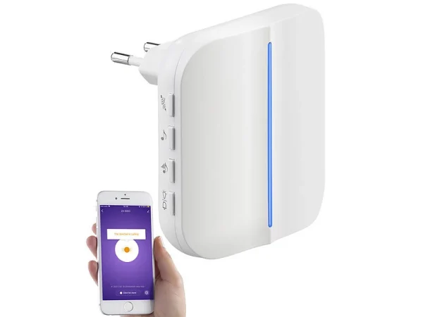 Somikon WLAN Türklingel:2 WLAN-Steckdosen-Empfänger, Kinetischer Klingelknopf, App, 100m, 80dB 4