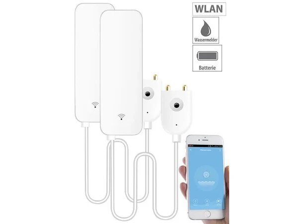 Luminea Home Control Wasseralarm:2er-Set WLAN-Wassermelder, Externer Sensor, App, 2 J. Batterielaufzeit 1