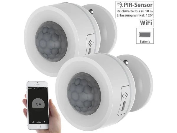 Luminea Home Control WLAN Thermostat:2er-Set WLAN-Bewegungsmelder, Temperatur- & Luftfeuchtigkeits-Sensor 1