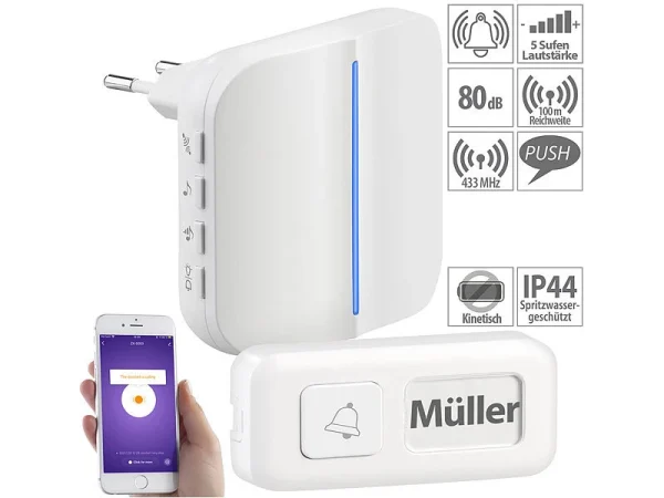 Somikon Klingel:WLAN-Steckdosen-Empfänger & Kinetischer Klingelknopf, App, 100m, 80dB 1