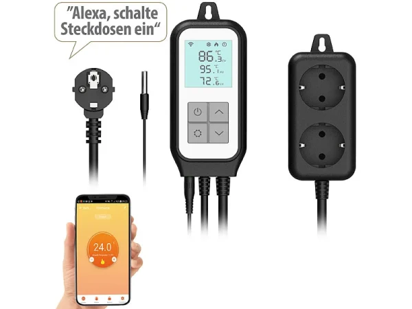 Revolt Universal Thermostat:WLAN-Steckdosen-Thermostat Für 2 Geräte, Sensor, App, Sprachsteuerung 3