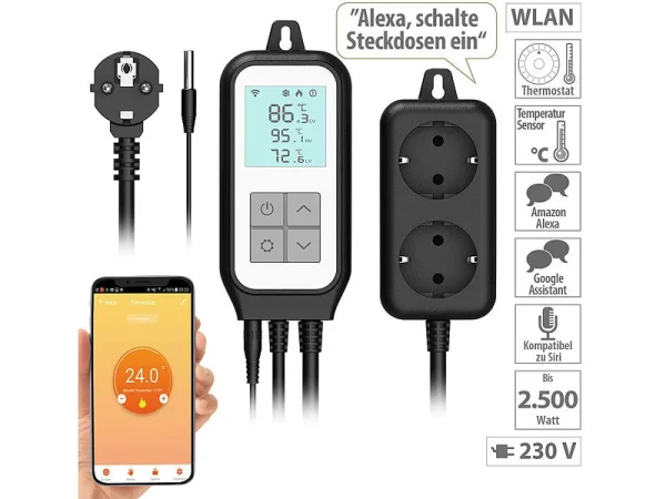 Revolt Universal Thermostat:WLAN-Steckdosen-Thermostat Für 2 Geräte, Sensor, App, Sprachsteuerung 1