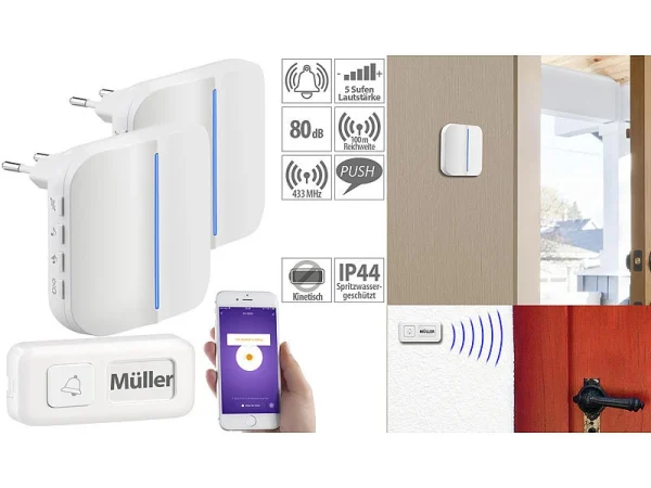 Somikon WLAN Türklingel:2 WLAN-Steckdosen-Empfänger, Kinetischer Klingelknopf, App, 100m, 80dB 1