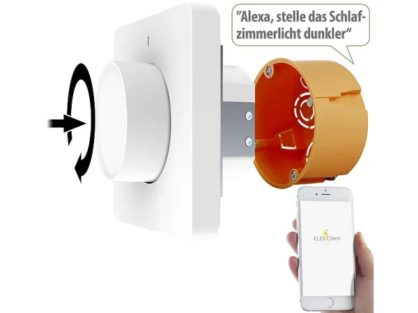 Luminea Home Control Smart Dimmer:2er-Set WLAN-Unterputz-Lichtschalter Mit Dreh- & Drück-Funktion, App 15