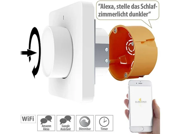 Luminea Home Control Smart Dimmer:2er-Set WLAN-Unterputz-Lichtschalter Mit Dreh- & Drück-Funktion, App 14