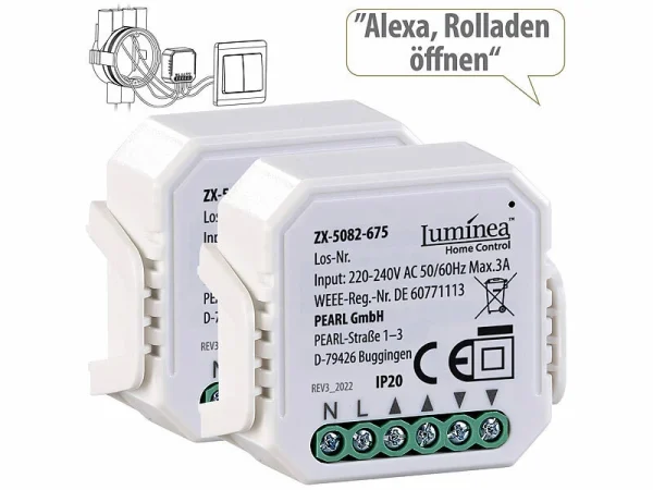 Luminea Home Control WLAN Rolladenschalter:2er-Set WLAN-Unterputzmodule Für Smarte Rollladen, App & Sprachbefehl 1
