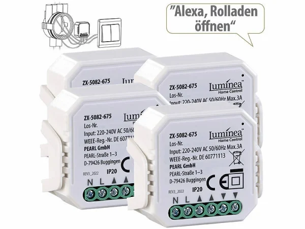 Luminea Home Control Rollladensteuerung:4er-Set WLAN-Unterputzmodule Für Smarte Rollladen, App & Sprachbefehl 1