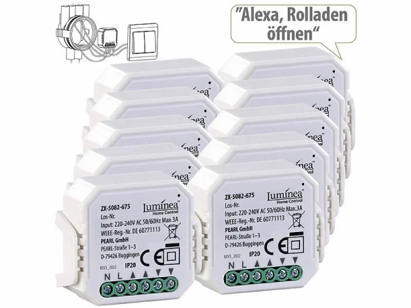 Luminea Home Control Rolladensteuerung:10er-Set WLAN-Unterputzmodule Für Smarte Rollladen, App & Sprachbefehl 1