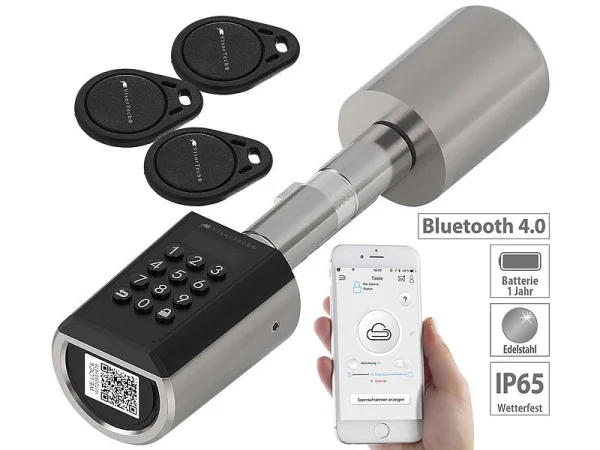 VisorTech Türzylinder:Elektronischer Tür-Schließzylinder, Transponder, Bluetooth & App, IP65 1