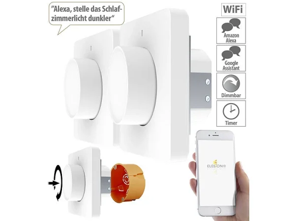 Luminea Home Control Smart Dimmer:2er-Set WLAN-Unterputz-Lichtschalter Mit Dreh- & Drück-Funktion, App 1