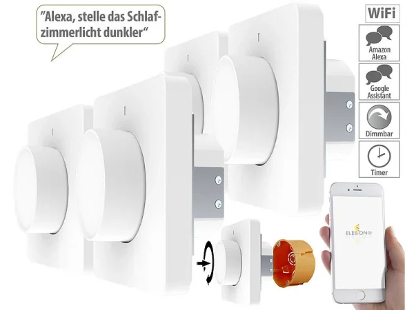 Luminea Home Control Alexa Dimmer-Schalter:4er WLAN-Lichtschalter & Dimmer Mit Dreh-/Drück-Funktion Und App 1