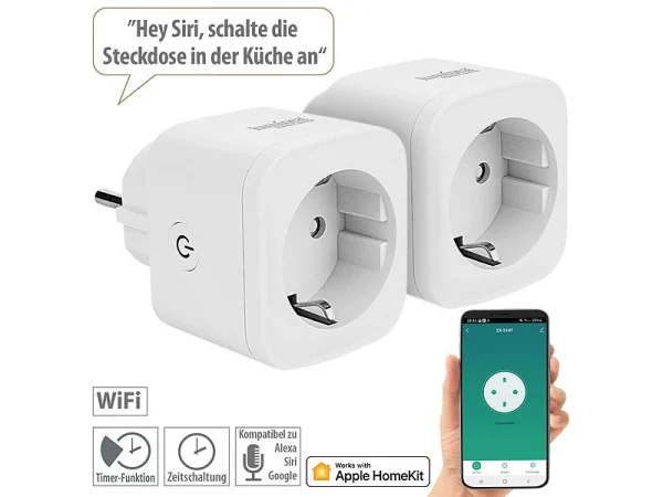 Luminea Home Control Smarte Steckdose:2er-Set WLAN-Steckdosen, Apple-HomeKit-zertifiziert, Sprachsteuerung 1