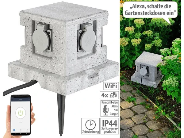 Royal Gardineer Steckdosenstein:4-fach-WLAN-Garten-Steckdose, App, Sprachbefehl, 16 A, 3.680 W, IP44 1