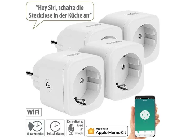 Luminea Home Control WLAN Steckdosen-Schalter:4er-Set WLAN-Steckdosen, Apple-HomeKit-zertifiziert, Sprachsteuerung 1