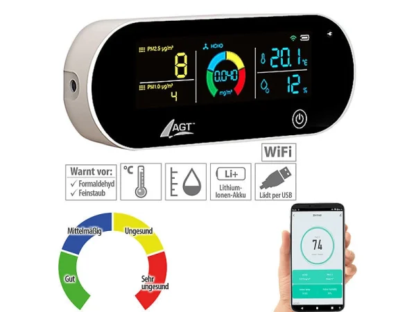 AGT Luftmesser:5in1-Akku-Luftqualitätsmesser, HCHO, PM1/2,5, Temperatur U.v.m., App 1
