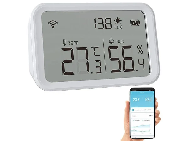 Luminea Home Control WLAN Temperatursensor:3in1-WLAN-Sensor Für Temperatur, Luftfeuchtigkeit Und Helligkeit, App 1