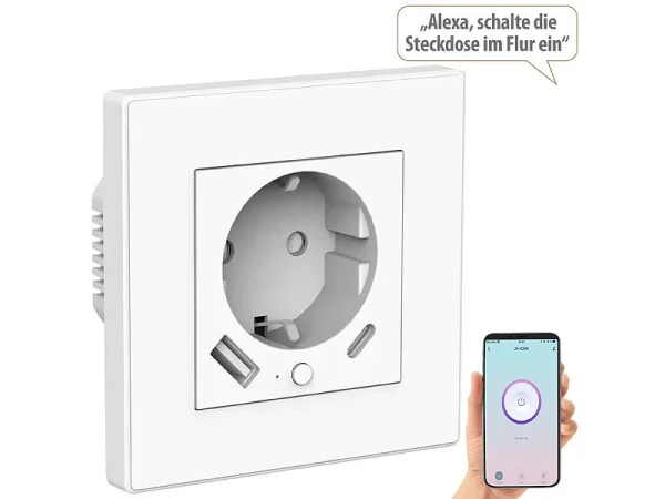 Luminea Home Control Unterputz Steckdose:2in1-WLAN-Unterputzsteckdose Mit USB-C- Und USB-A-Netzteil, 2 A, App 3