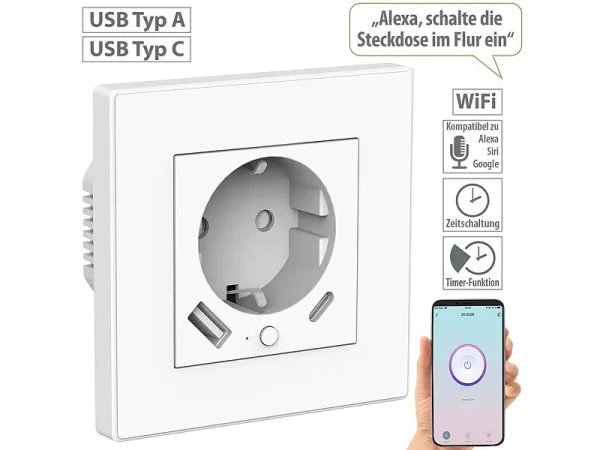 Luminea Home Control Steckdosen:10er-Set WLAN-Unterputzsteckdosen Mit App, Je 1x USB A, 1x USB C, 2 A 9