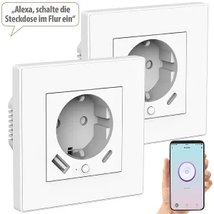 Luminea Home Control Ladeport Steckdose:3er-Set WLAN-Unterputzsteckdosen Mit App, Je 1x USB A, 1x USB C, 2 A 13
