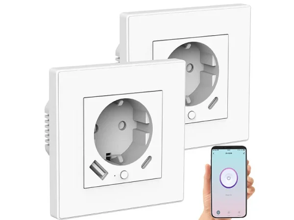 Luminea Home Control Ladeport Steckdose:3er-Set WLAN-Unterputzsteckdosen Mit App, Je 1x USB A, 1x USB C, 2 A 4