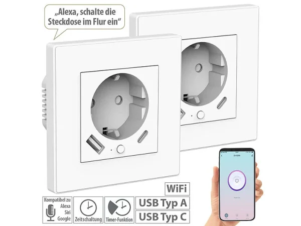 Luminea Home Control Ladeport Steckdose:3er-Set WLAN-Unterputzsteckdosen Mit App, Je 1x USB A, 1x USB C, 2 A 1