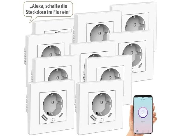Luminea Home Control Steckdosen:10er-Set WLAN-Unterputzsteckdosen Mit App, Je 1x USB A, 1x USB C, 2 A 1