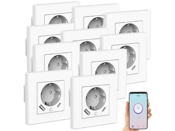 Luminea Home Control Steckdosen:10er-Set WLAN-Unterputzsteckdosen Mit App, Je 1x USB A, 1x USB C, 2 A 3