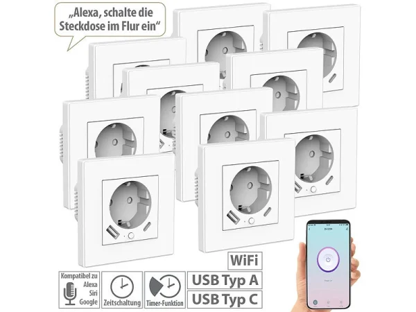 Luminea Home Control Steckdosen:10er-Set WLAN-Unterputzsteckdosen Mit App, Je 1x USB A, 1x USB C, 2 A 4