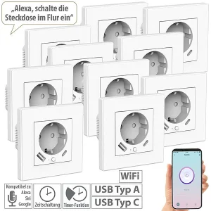 Luminea Home Control Steckdosen:10er-Set WLAN-Unterputzsteckdosen Mit App, Je 1x USB A, 1x USB C, 2 A 15