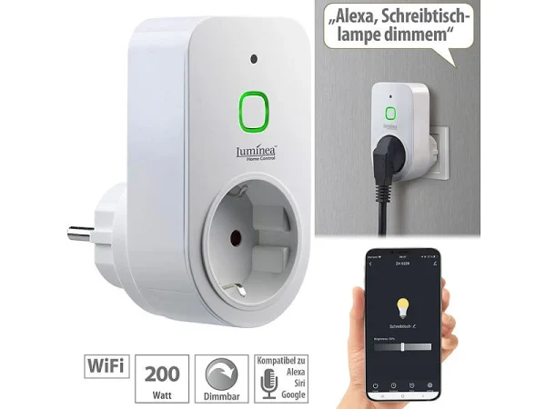 Luminea Home Control Dimmschalter-Steckdosen:2er Smarte WLAN-Dimmer-Steckdose Mit Phasenabschnittsdimmer Bis 200 W 10
