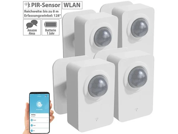 Luminea Home Control PIR Funkmelder:4er-Set ZigBee-PIR-Bewegungsmelder, 8 M Reichweite, App 1