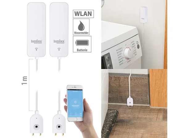 Luminea Home Control ZigBee Wassersensor:2er-Set ZigBee-Wassermelder Mit Externem Sensor, App 1