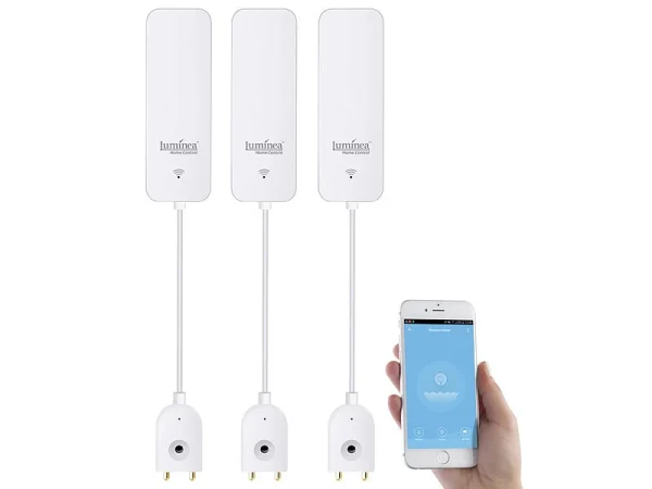 Luminea Home Control Wassermelder Funk:3er-Set ZigBee-Wassermelder, Ext. Sensor, 2 J. Batterielaufzeit, App 3