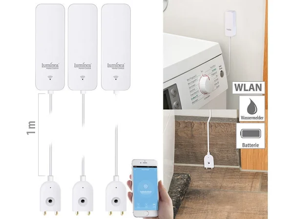 Luminea Home Control Wassermelder Funk:3er-Set ZigBee-Wassermelder, Ext. Sensor, 2 J. Batterielaufzeit, App 1