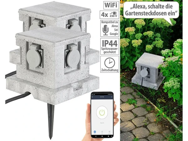 Royal Gardineer Gartensteckdose Smart:4-fach-WLAN-Garten-Steckd., App, Sprachbef., 16 A, 3.680 W, IP44 4er- 1