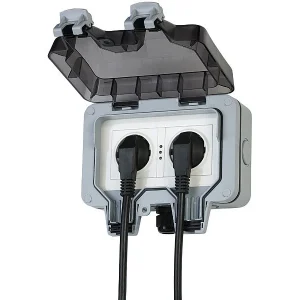 Luminea Home Control Außensteckdose WLAN:2er-Set Outdoor-WLAN-Doppelsteckdosen, Sprachbefehl, Strommessung, App 27