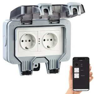 Luminea Home Control Außensteckdose WLAN:2er-Set Outdoor-WLAN-Doppelsteckdosen, Sprachbefehl, Strommessung, App 37